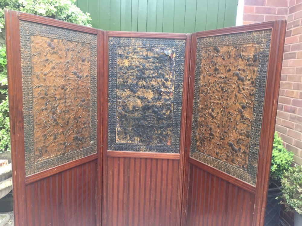 Late C19th mahogany and tooled leather 3-fold room-divider or screen . View VII