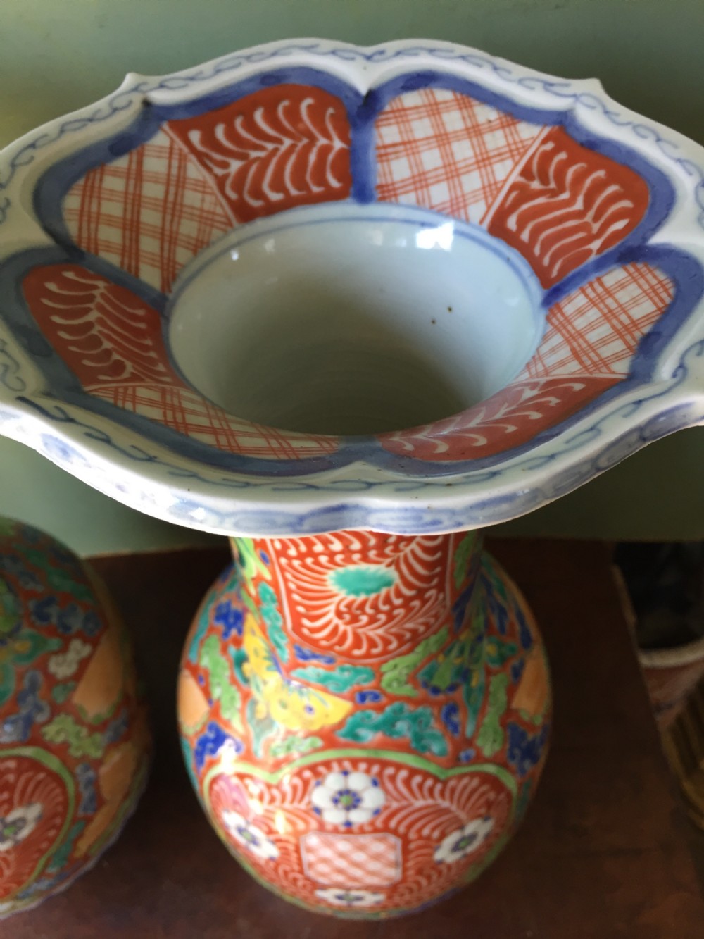 Pair of late C19th Japanese enamel decorated porcelain vases in stylised Imari palette, probably by Fukagawa factory of Tokyo. View V