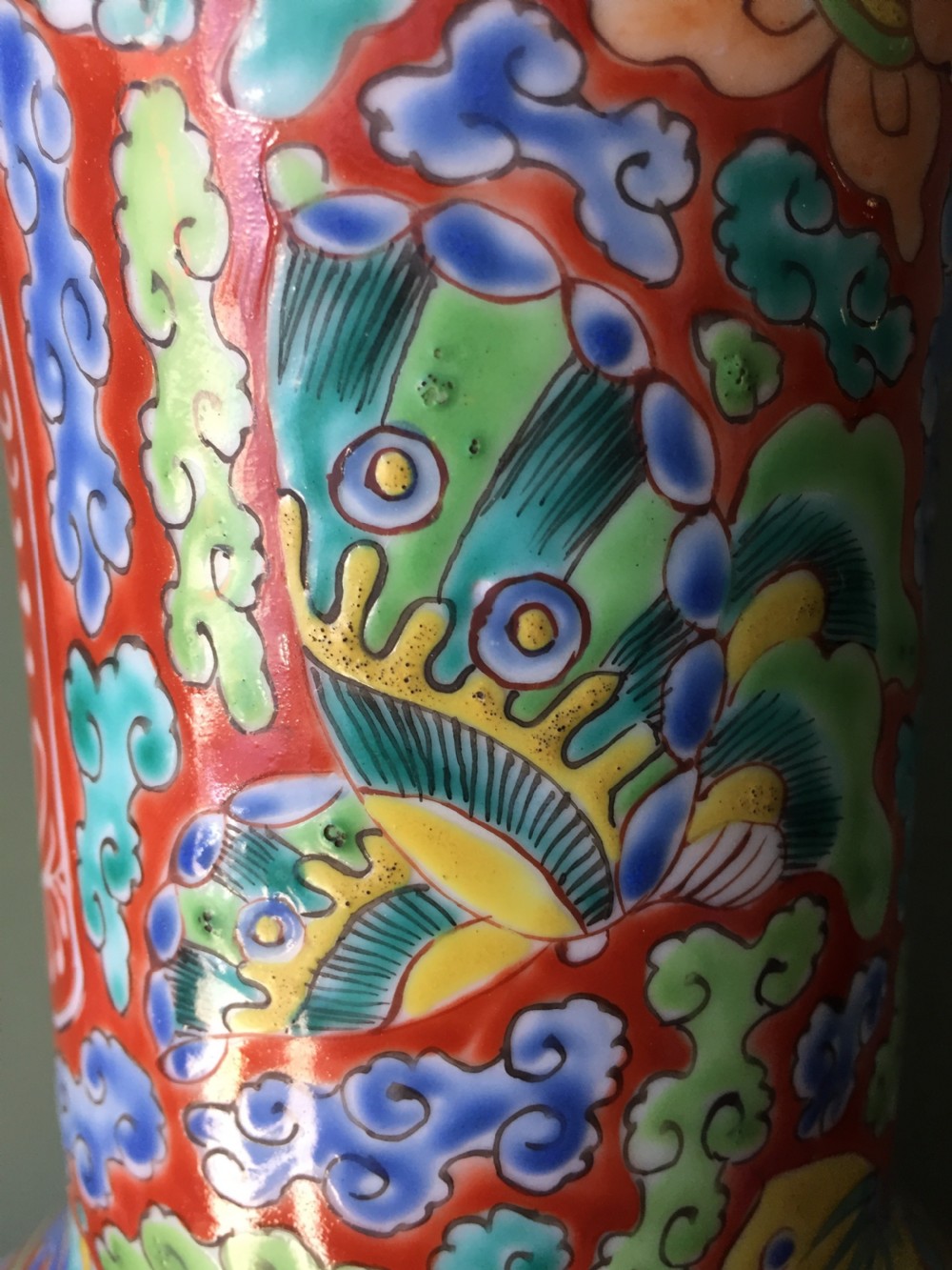 Pair of late C19th Japanese enamel decorated porcelain vases in stylised Imari palette, probably by Fukagawa factory of Tokyo. View VIII