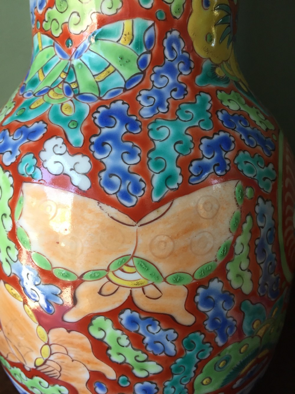 Pair of late C19th Japanese enamel decorated porcelain vases in stylised Imari palette, probably by Fukagawa factory of Tokyo. View IX