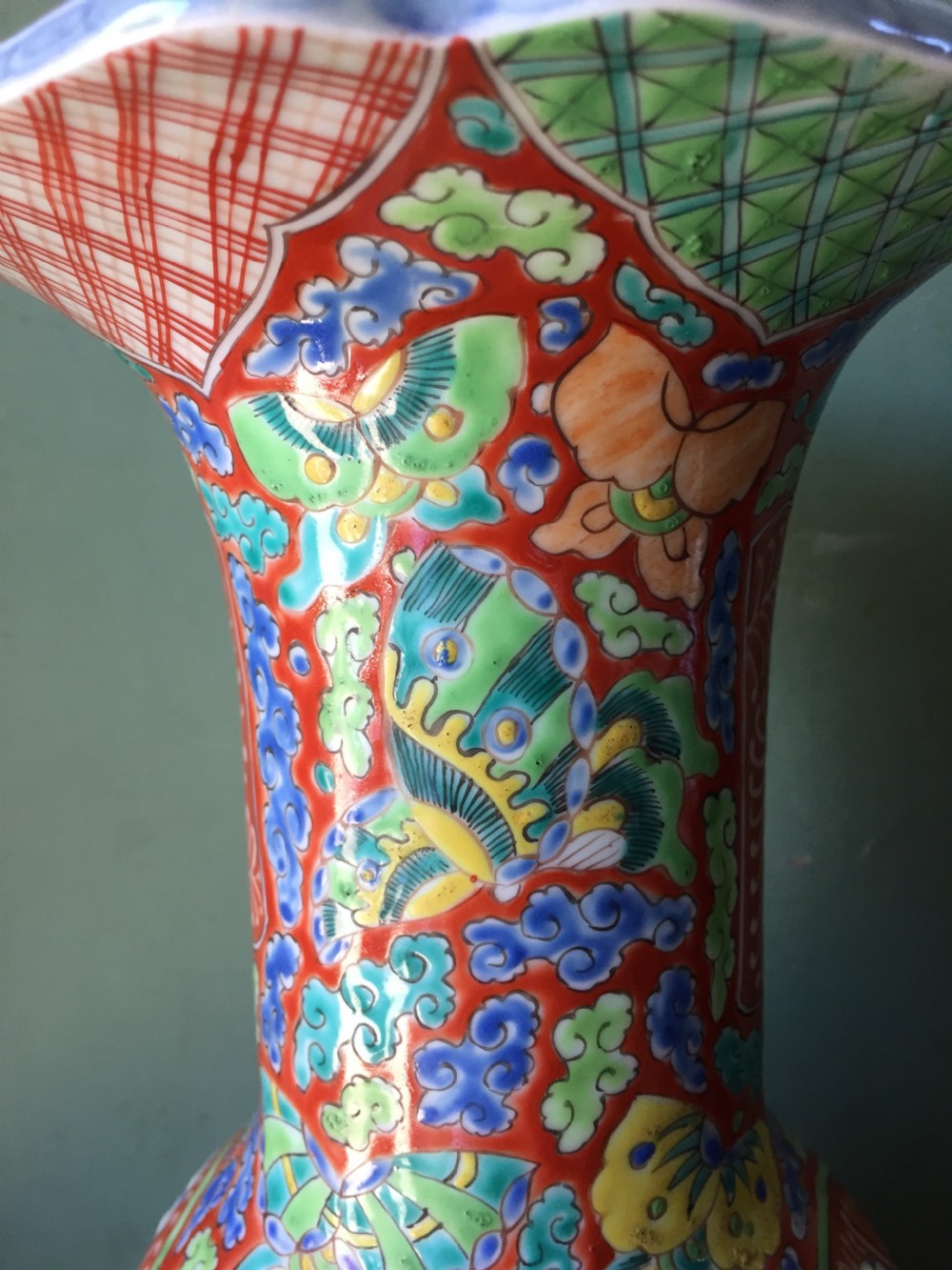 Pair of late C19th Japanese enamel decorated porcelain vases in stylised Imari palette, probably by Fukagawa factory of Tokyo. View XVI