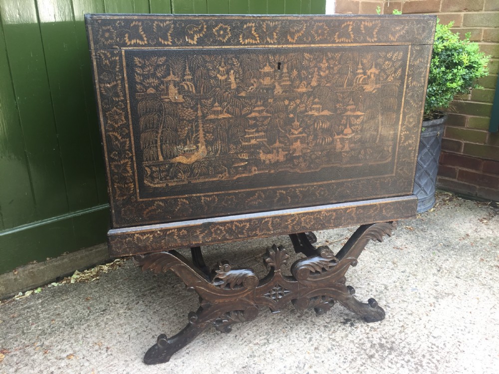 Rare and decorative mid C19th Indian painted and lacquered trunk on carved stand from Bareilly. View V