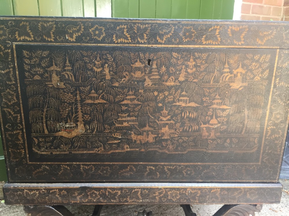 Rare and decorative mid C19th Indian painted and lacquered trunk on carved stand from Bareilly. View X