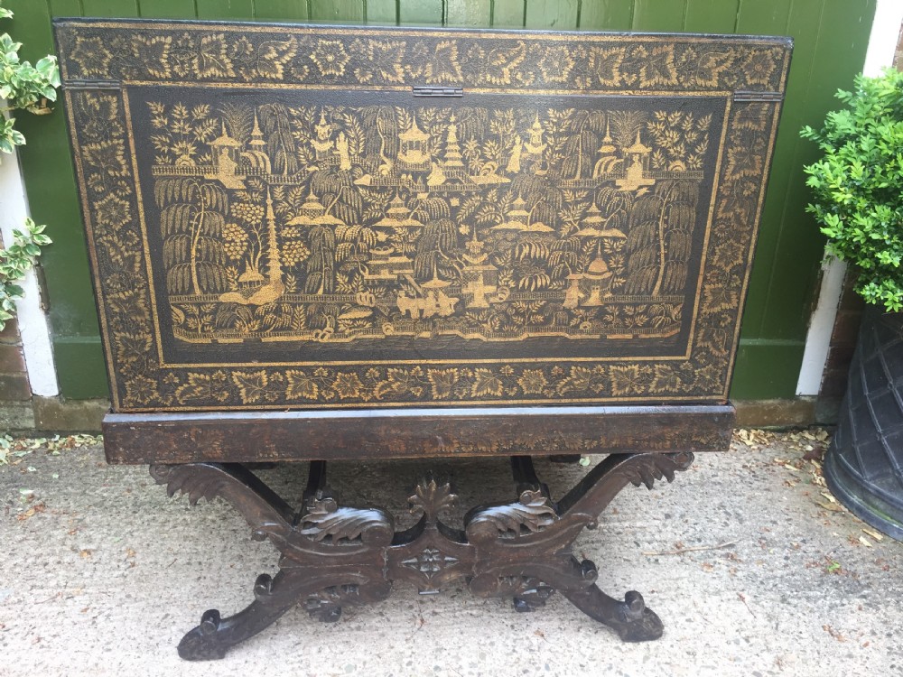 Rare and decorative mid C19th Indian painted and lacquered trunk on carved stand from Bareilly. View XX