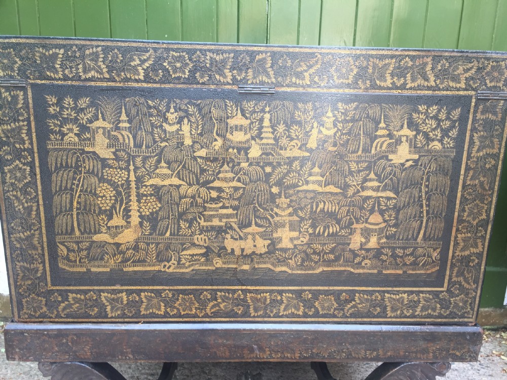 Rare and decorative mid C19th Indian painted and lacquered trunk on carved stand from Bareilly. View XXI