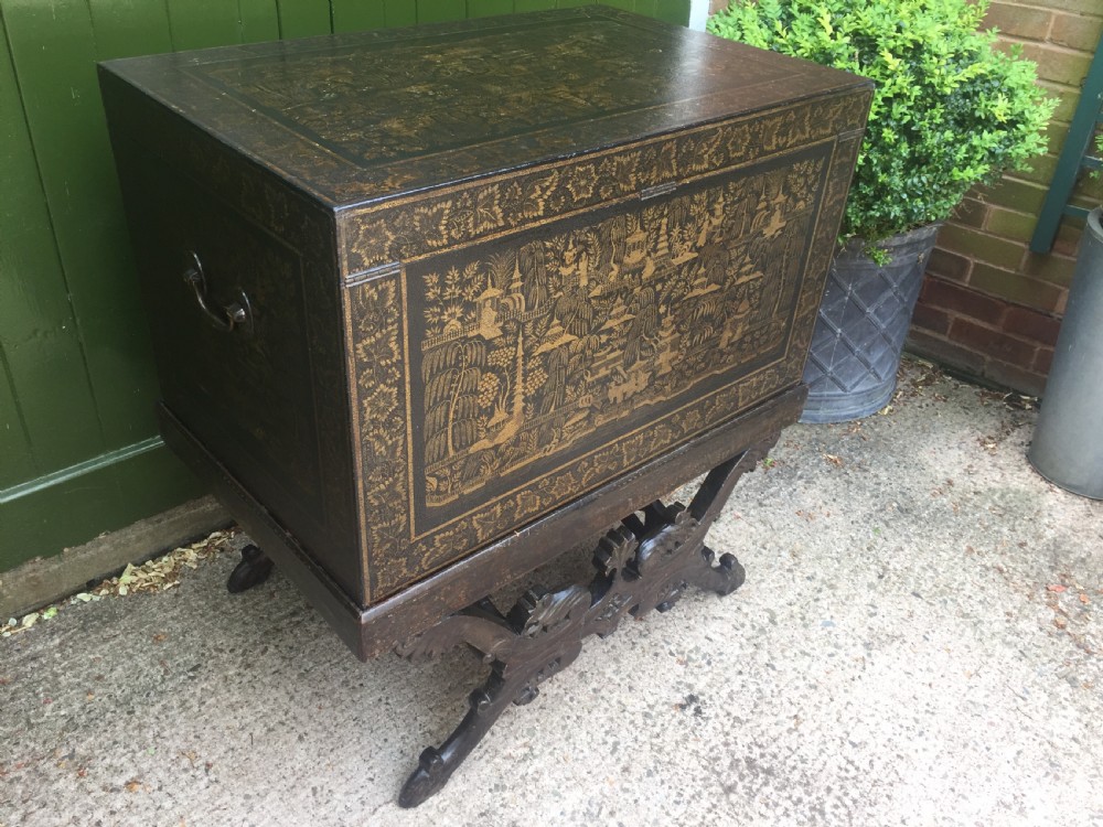 Rare and decorative mid C19th Indian painted and lacquered trunk on carved stand from Bareilly. View XXIX