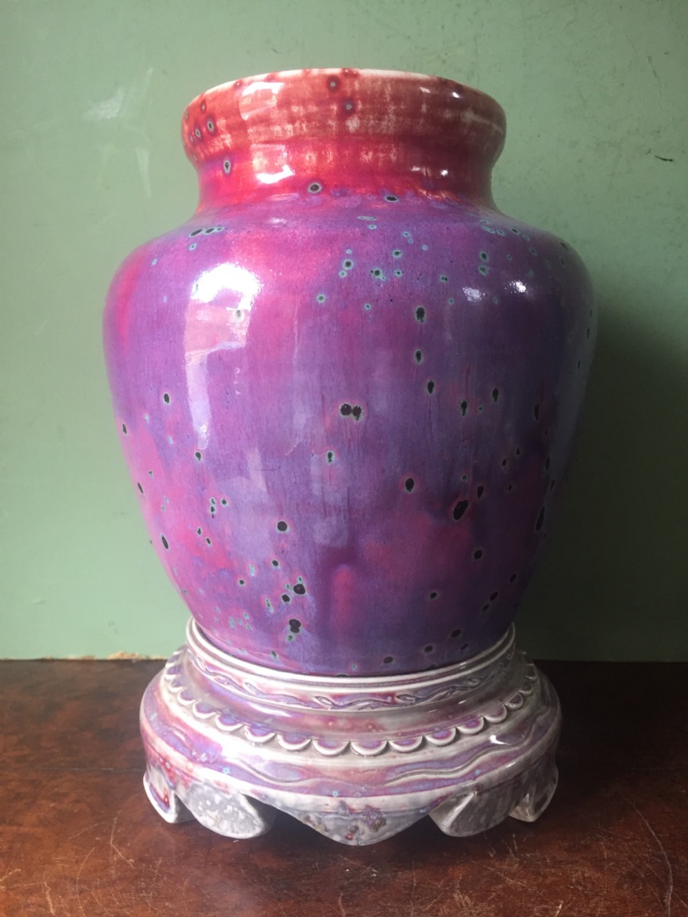 Rare and unique early C20th Ruskin stone-ware pottery flambé glazed high-fired vase and stand .