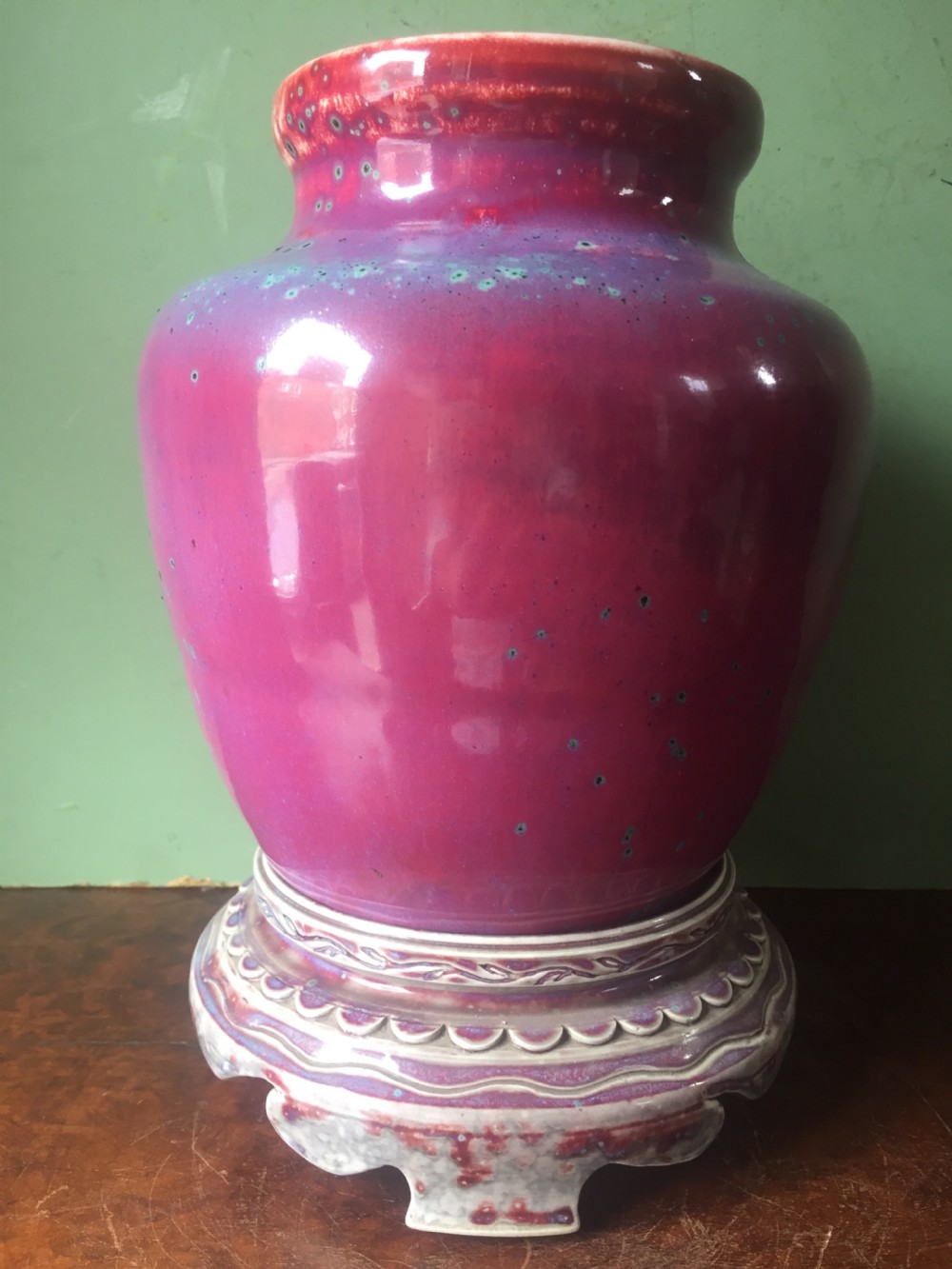 Rare and unique early C20th Ruskin stone-ware pottery flambé glazed high-fired vase and stand . View IV