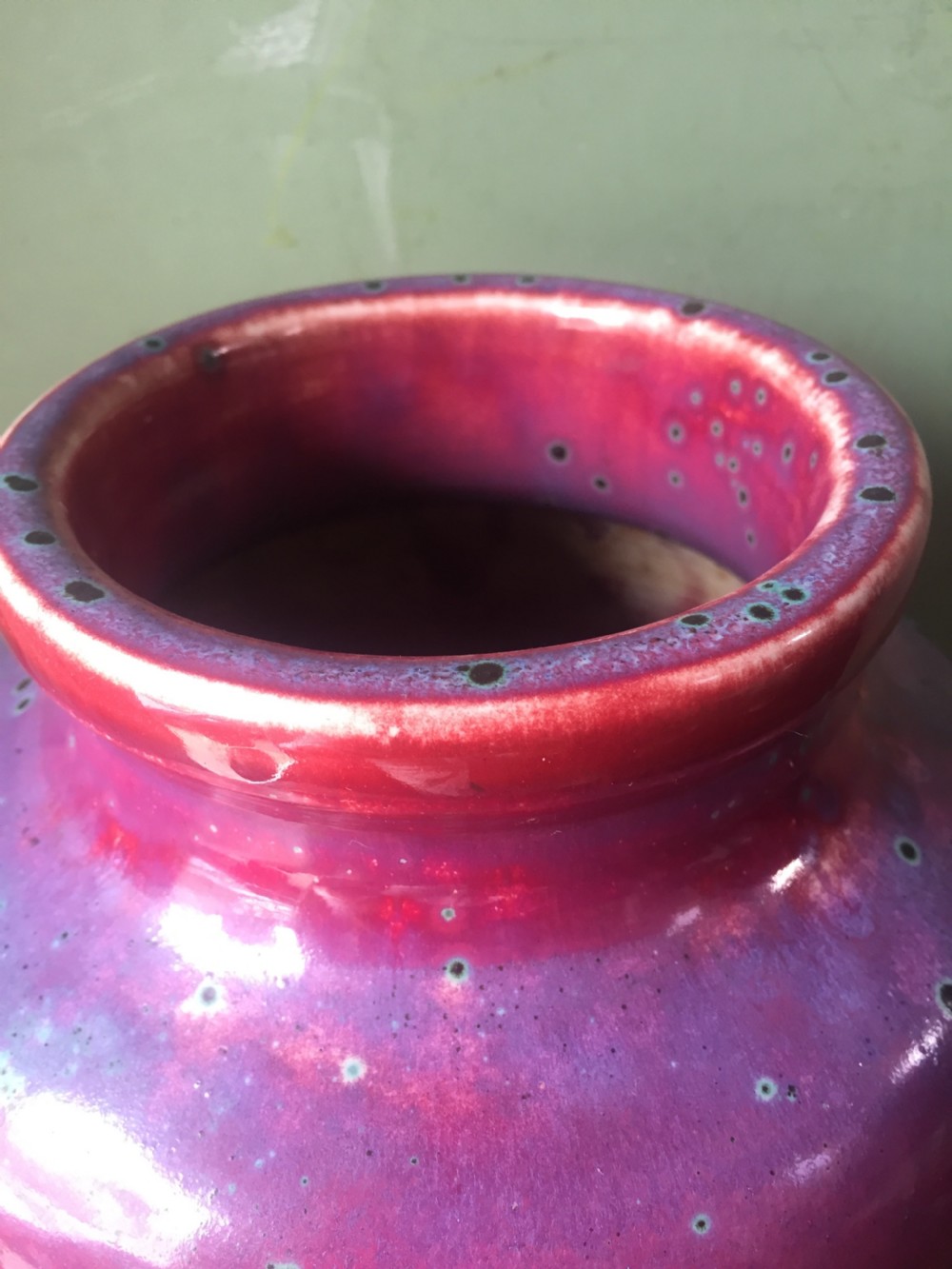 Rare and unique early C20th Ruskin stone-ware pottery flambé glazed high-fired vase and stand . View V