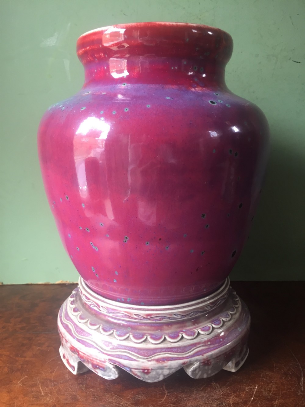Rare and unique early C20th Ruskin stone-ware pottery flambé glazed high-fired vase and stand . View VI