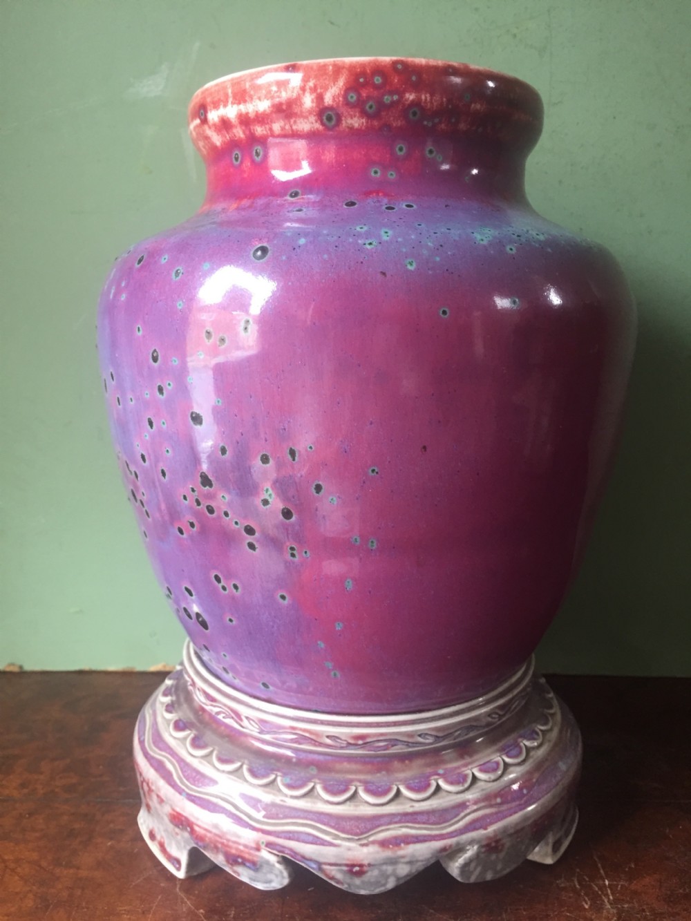 Rare and unique early C20th Ruskin stone-ware pottery flambé glazed high-fired vase and stand . View VII