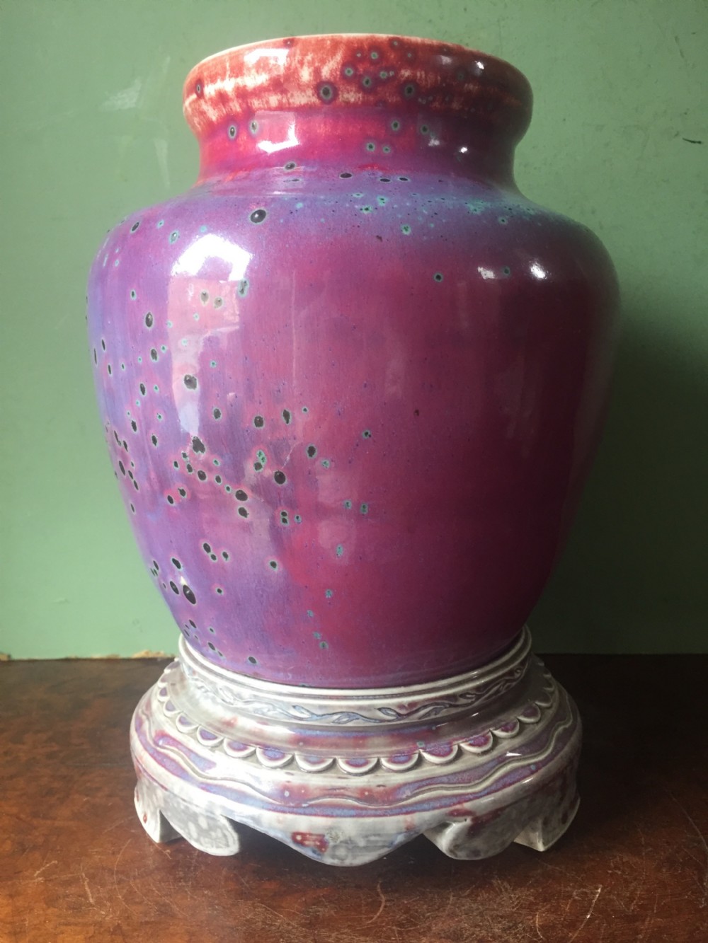 Rare and unique early C20th Ruskin stone-ware pottery flambé glazed high-fired vase and stand . View VIII