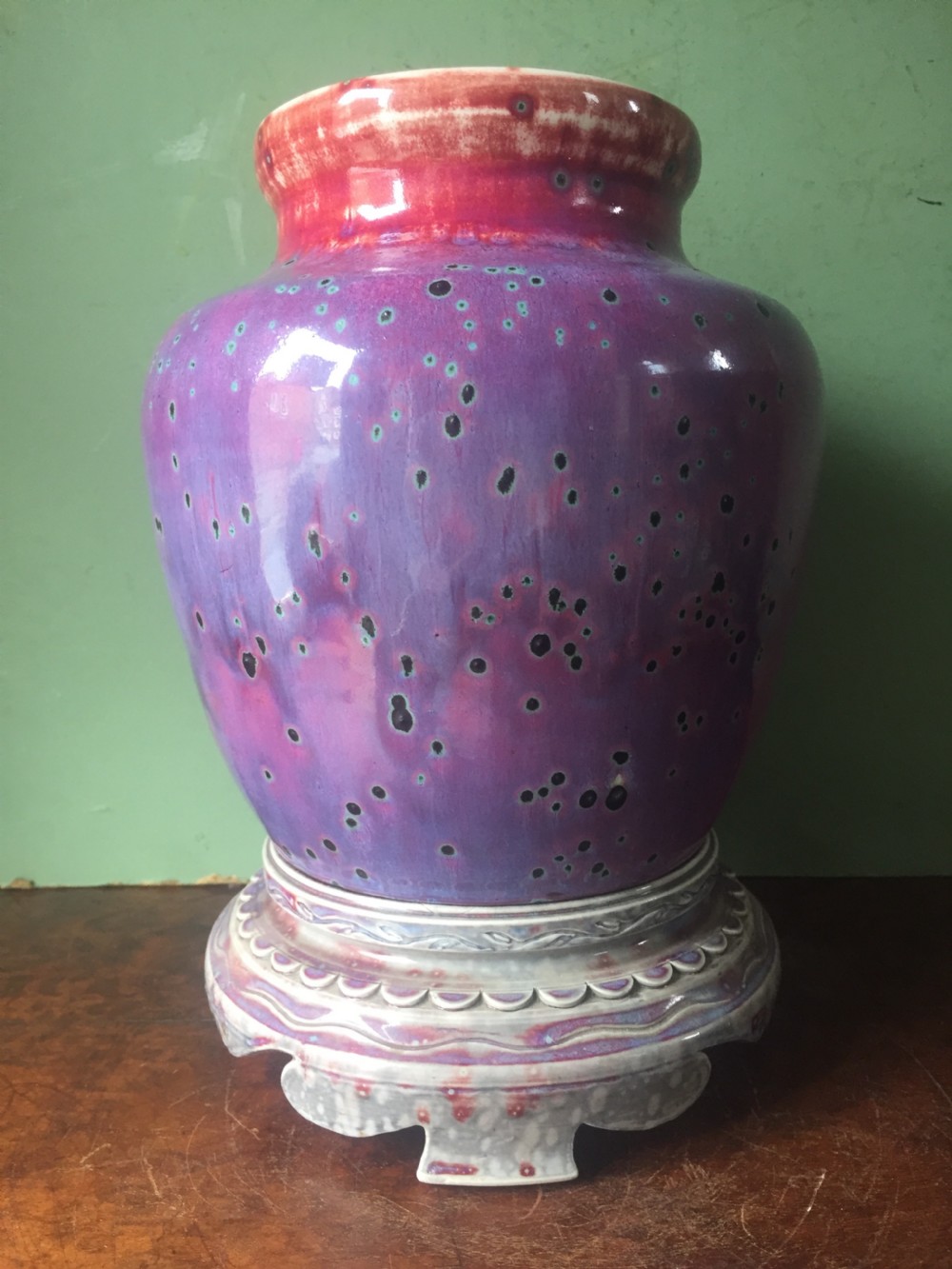 Rare and unique early C20th Ruskin stone-ware pottery flambé glazed high-fired vase and stand . View IX