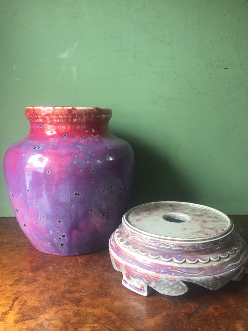 Rare and unique early C20th Ruskin stone-ware pottery flambé glazed high-fired vase and stand . View X