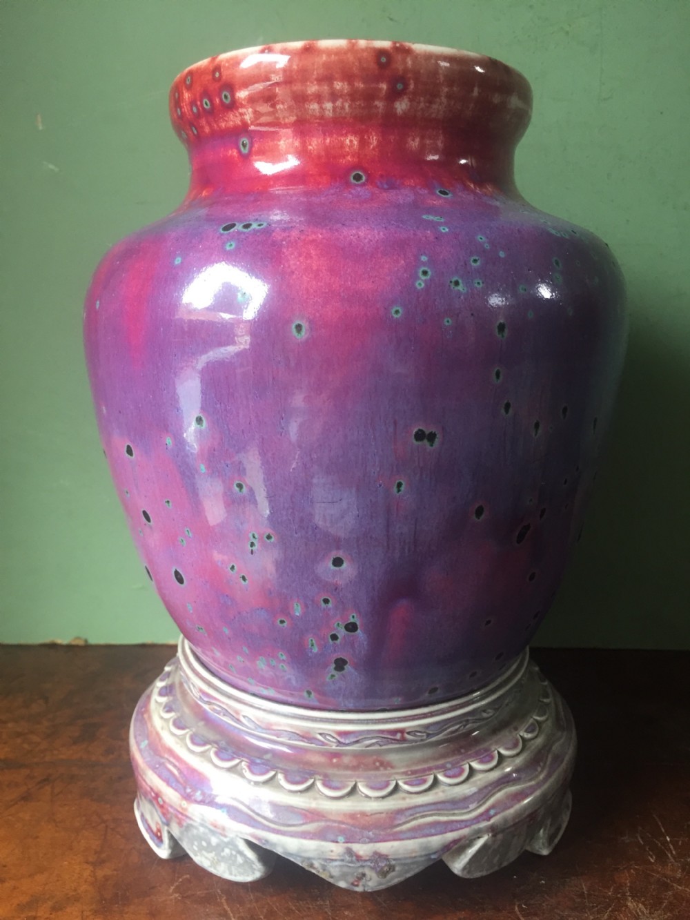 Rare and unique early C20th Ruskin stone-ware pottery flambé glazed high-fired vase and stand . View XI