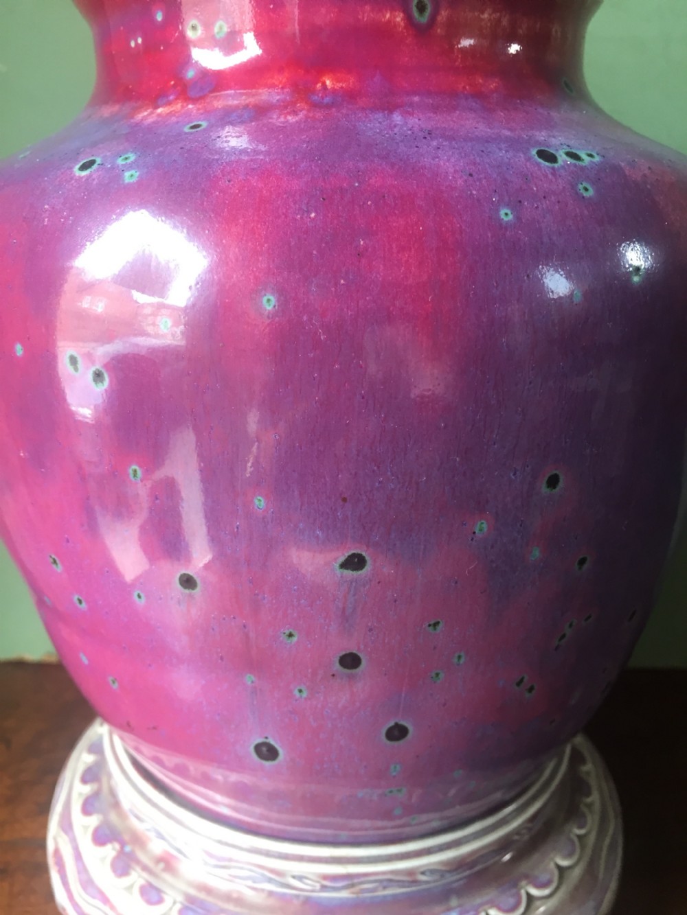 Rare and unique early C20th Ruskin stone-ware pottery flambé glazed high-fired vase and stand . View XII
