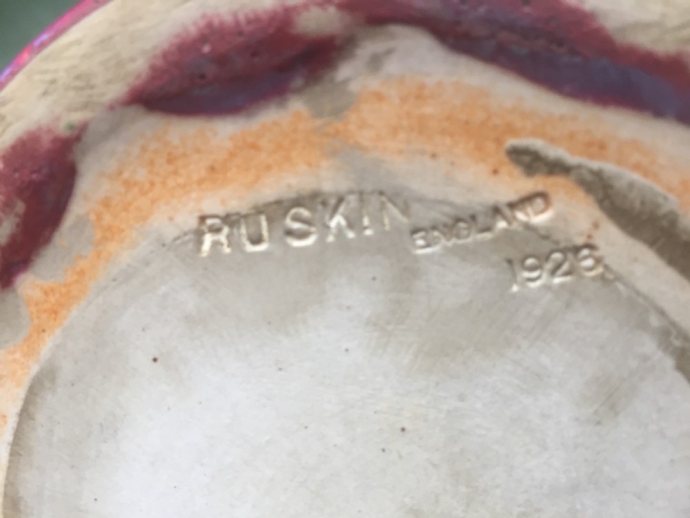 Rare and unique early C20th Ruskin stone-ware pottery flambé glazed high-fired vase and stand . View XIII