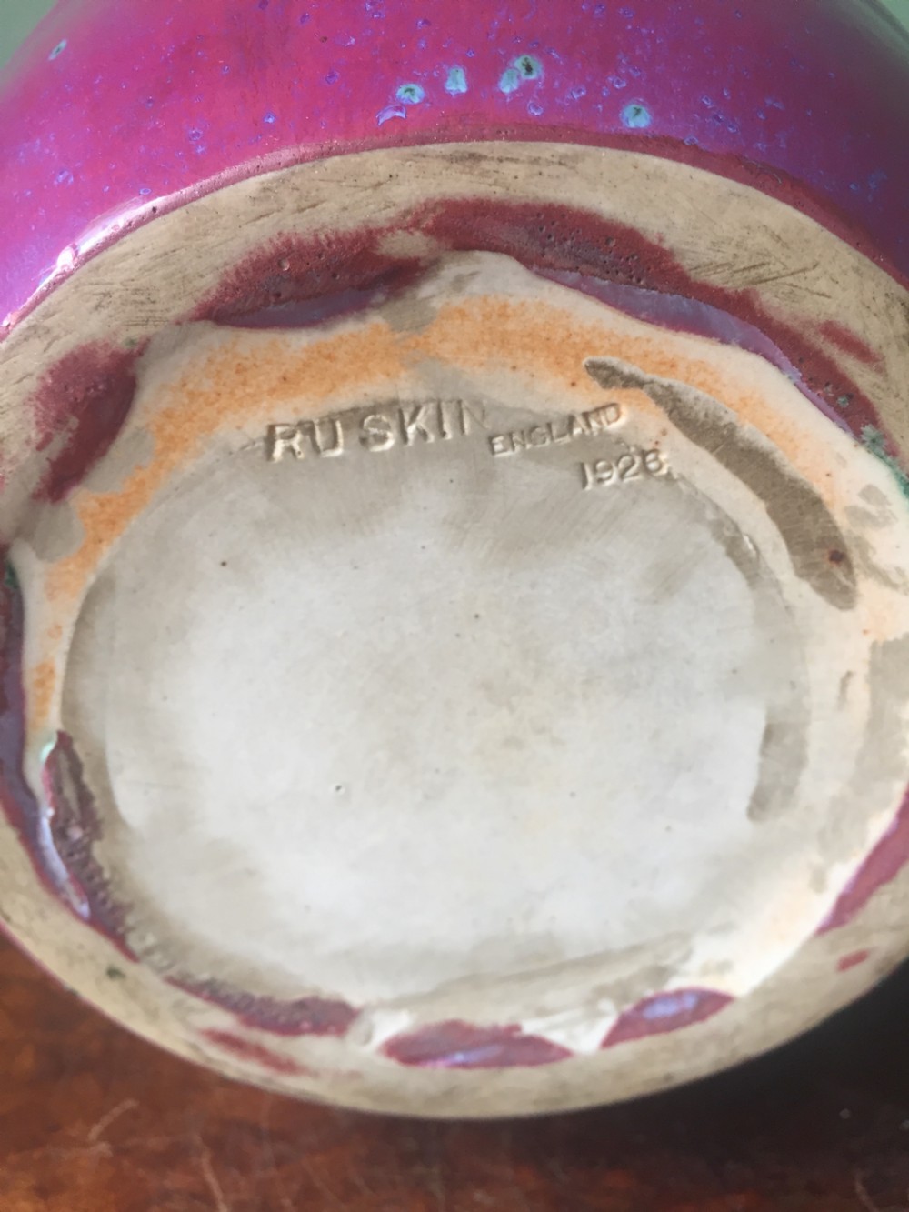 Rare and unique early C20th Ruskin stone-ware pottery flambé glazed high-fired vase and stand . View XV