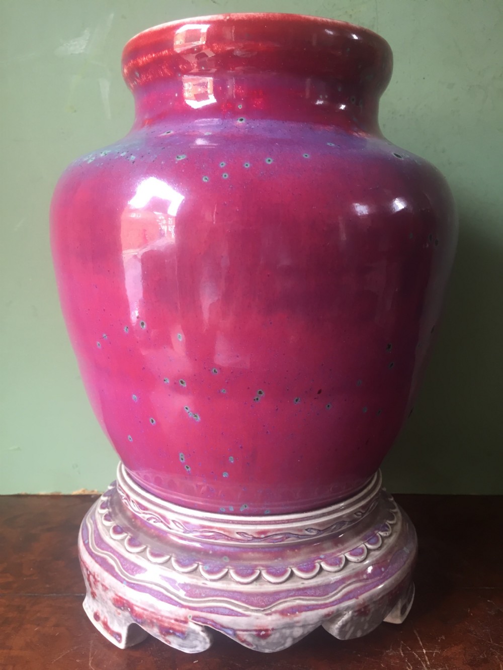 Rare and unique early C20th Ruskin stone-ware pottery flambé glazed high-fired vase and stand . View XVI