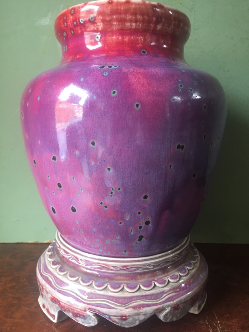 Rare and unique early C20th Ruskin stone-ware pottery flambé glazed high-fired vase and stand . View XVII