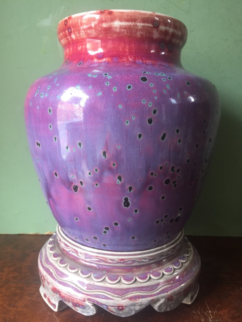 Rare and unique early C20th Ruskin stone-ware pottery flambé glazed high-fired vase and stand . View XVIII