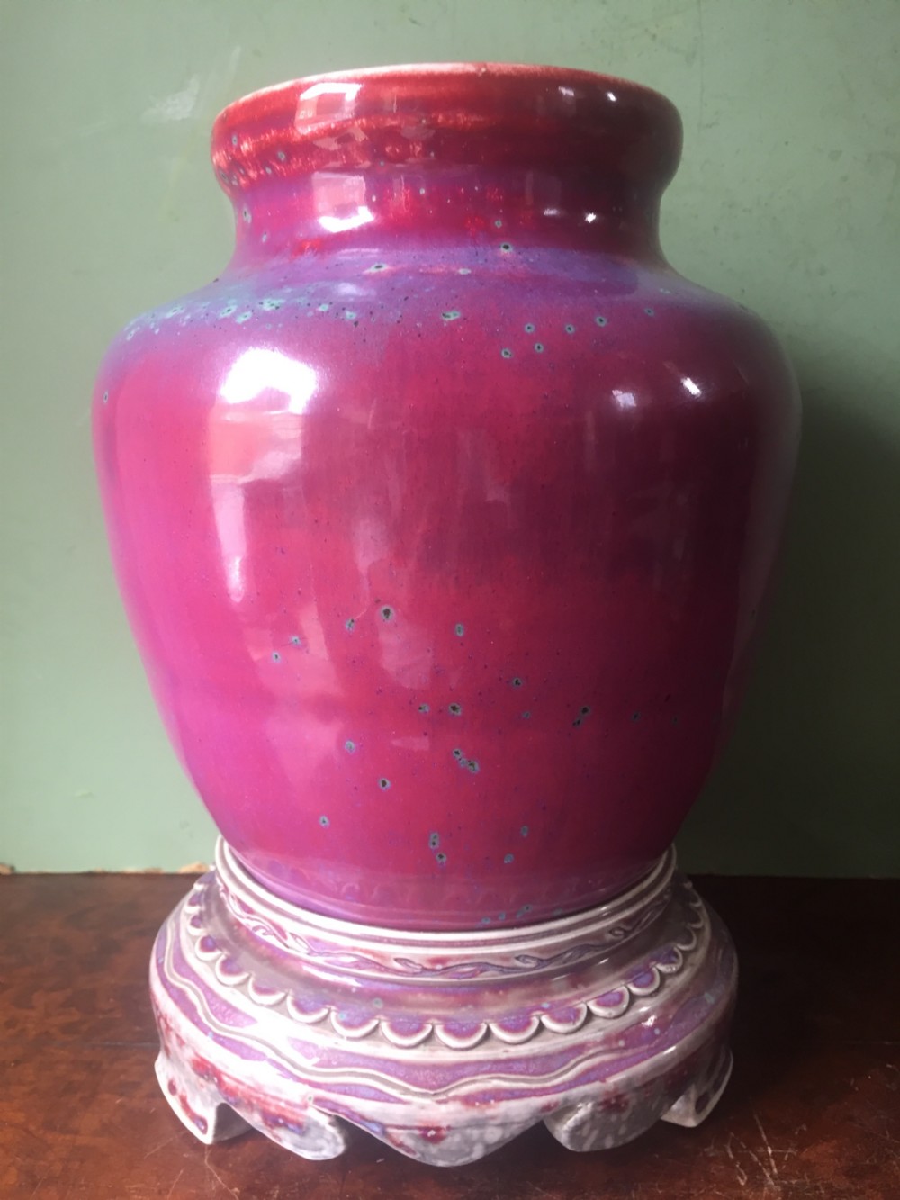 Rare and unique early C20th Ruskin stone-ware pottery flambé glazed high-fired vase and stand . View XIX