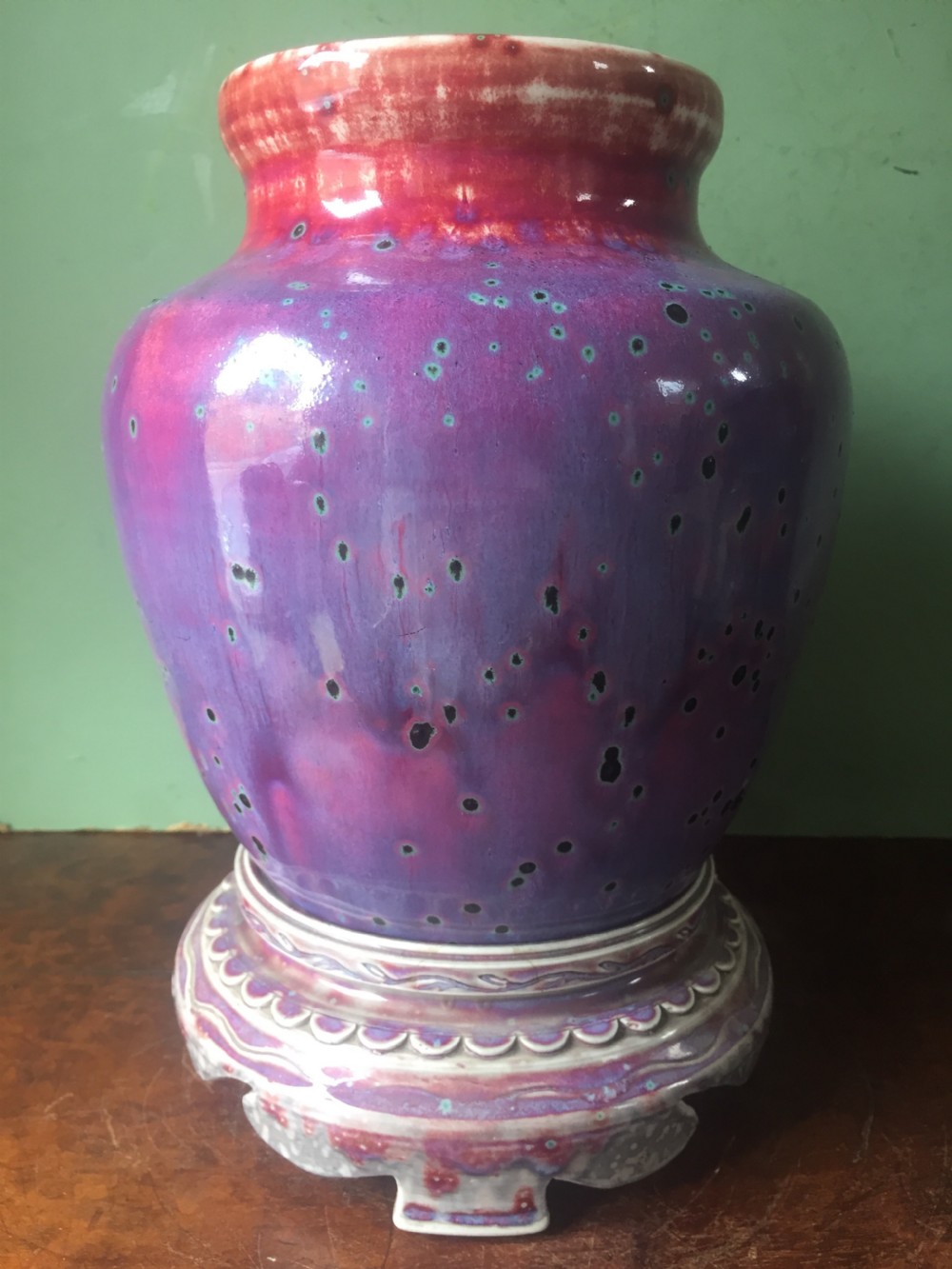 Rare and unique early C20th Ruskin stone-ware pottery flambé glazed high-fired vase and stand . View XXII