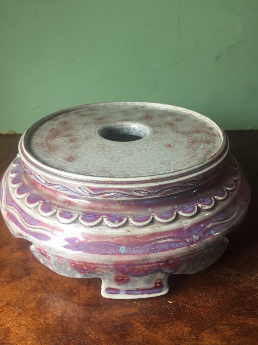 Rare and unique early C20th Ruskin stone-ware pottery flambé glazed high-fired vase and stand . View XXIII