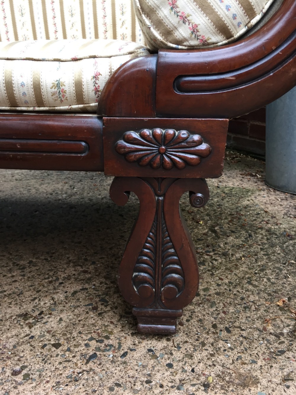 Early C19th Regency period mahogany scroll-end double-ended sofa of classically inspired design. View V