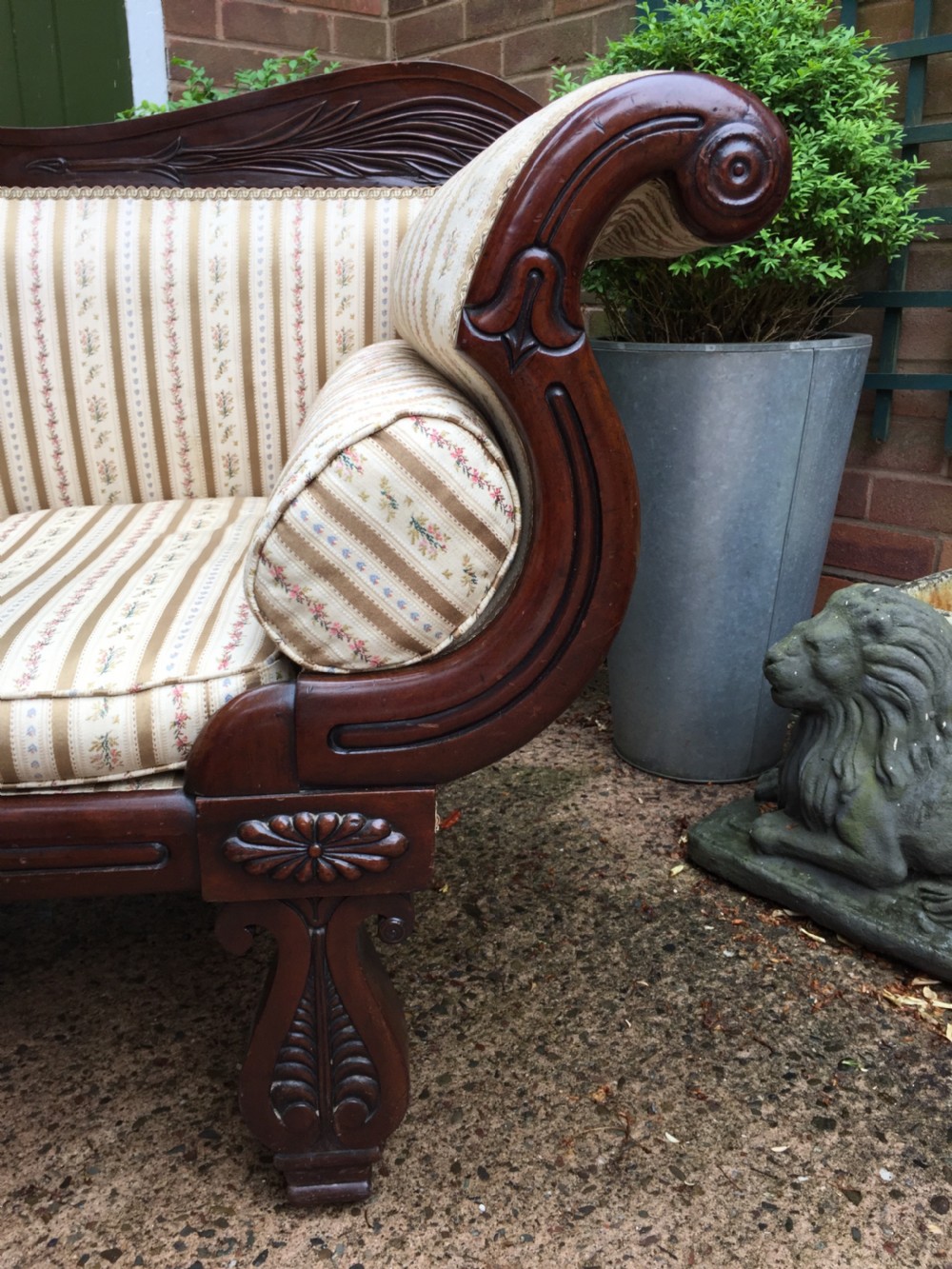 Early C19th Regency period mahogany scroll-end double-ended sofa of classically inspired design. View XII