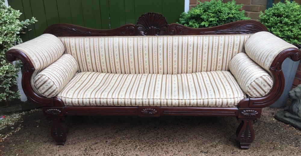 Early C19th Regency period mahogany scroll-end double-ended sofa of classically inspired design. View XIII