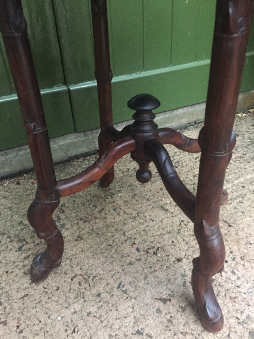 Late C19th Chinese Qing Dynasty carved hardwood square centre table with inset marble top. View V