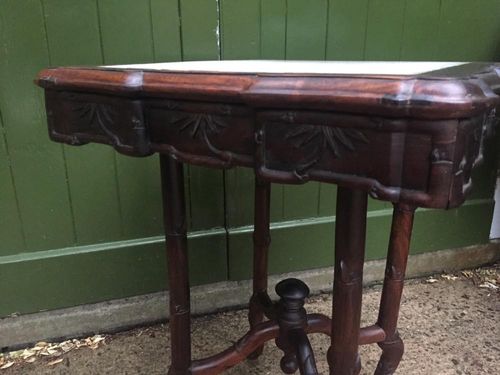 Late C19th Chinese Qing Dynasty carved hardwood square centre table with inset marble top. View VI