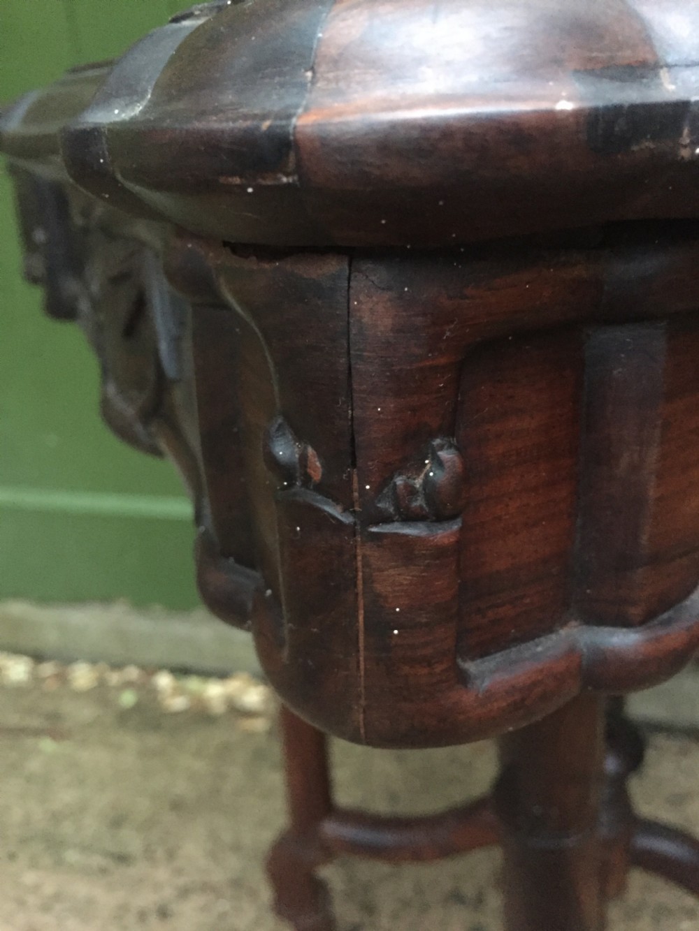 Late C19th Chinese Qing Dynasty carved hardwood square centre table with inset marble top. View XII
