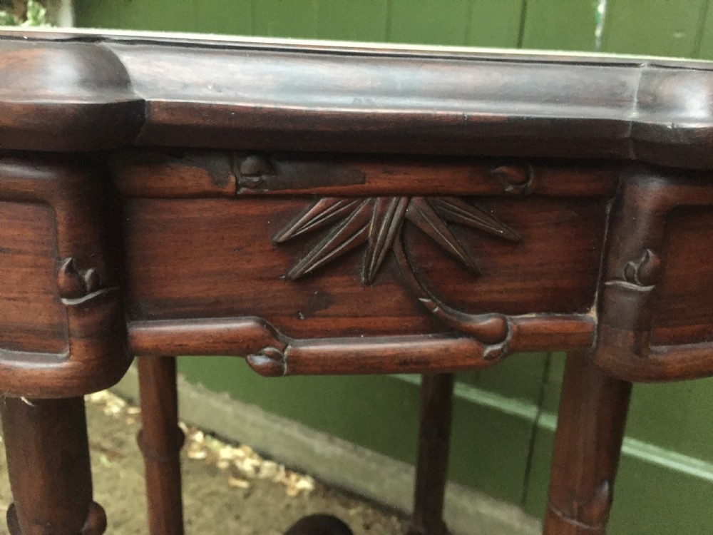 Late C19th Chinese Qing Dynasty carved hardwood square centre table with inset marble top. View XIII