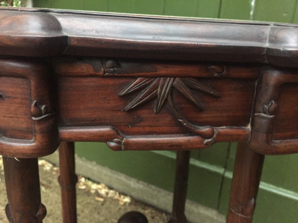 Late C19th Chinese Qing Dynasty carved hardwood square centre table with inset marble top. View XIV