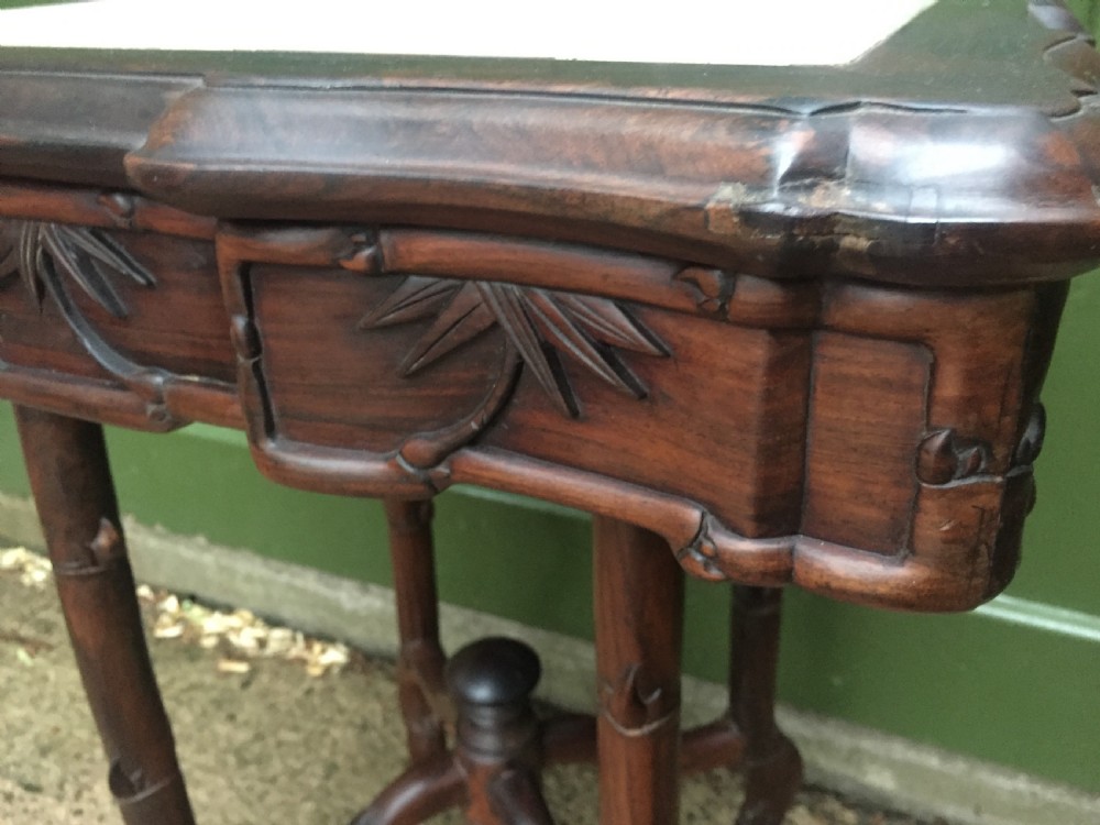 Late C19th Chinese Qing Dynasty carved hardwood square centre table with inset marble top. View XX