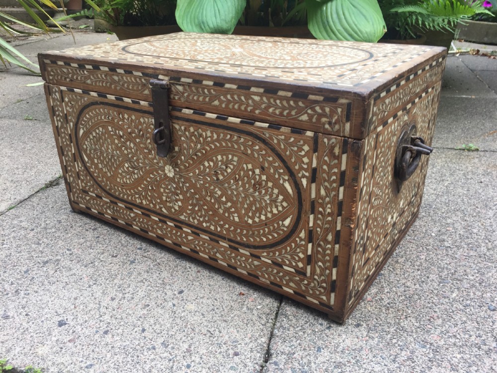 Mid C19th Indian Hoshiarpur ebony and bone-inlaid chest or trunk . View II