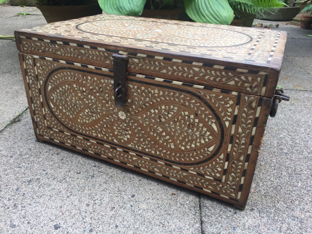 Mid C19th Indian Hoshiarpur ebony and bone-inlaid chest or trunk .