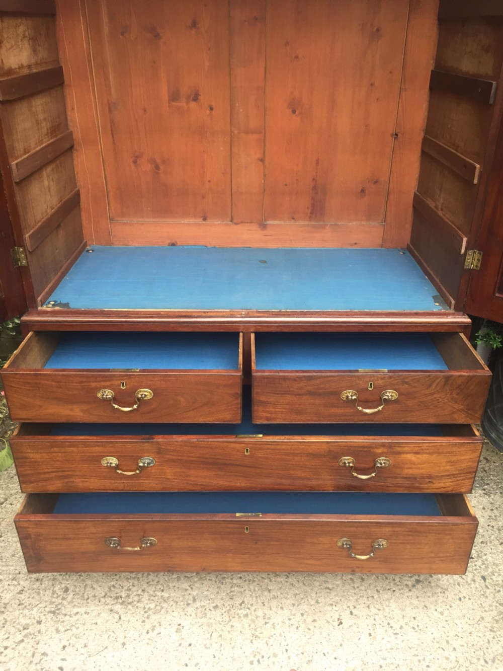 Rare George III Chippendale period and design padouk and mahogany linen-press or wardrobe with open fret-work 