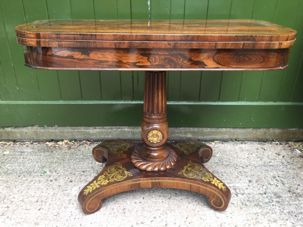 Exceptional early C19th George IV period brass-inlaid and gilt-brass mounted finely-figured rosewood fold-over card or games table. View II