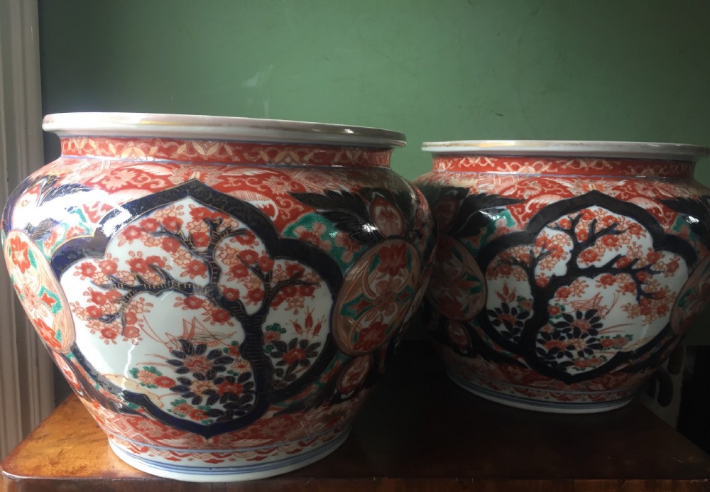 Decorative pair of late C19th Japanese Imari pattern porcelain jardinieres. View XIII