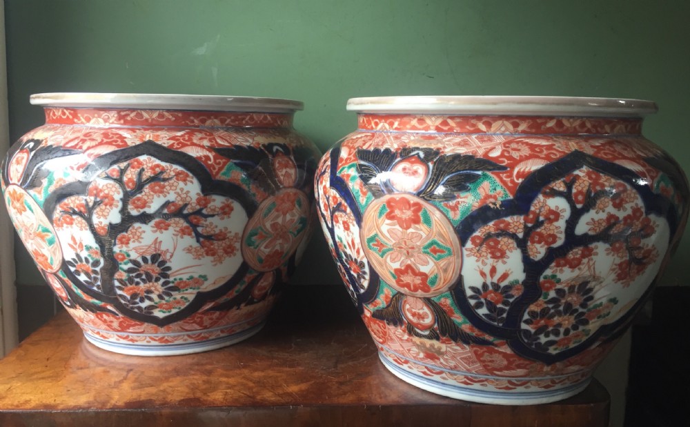 Decorative pair of late C19th Japanese Imari pattern porcelain jardinieres. View XV