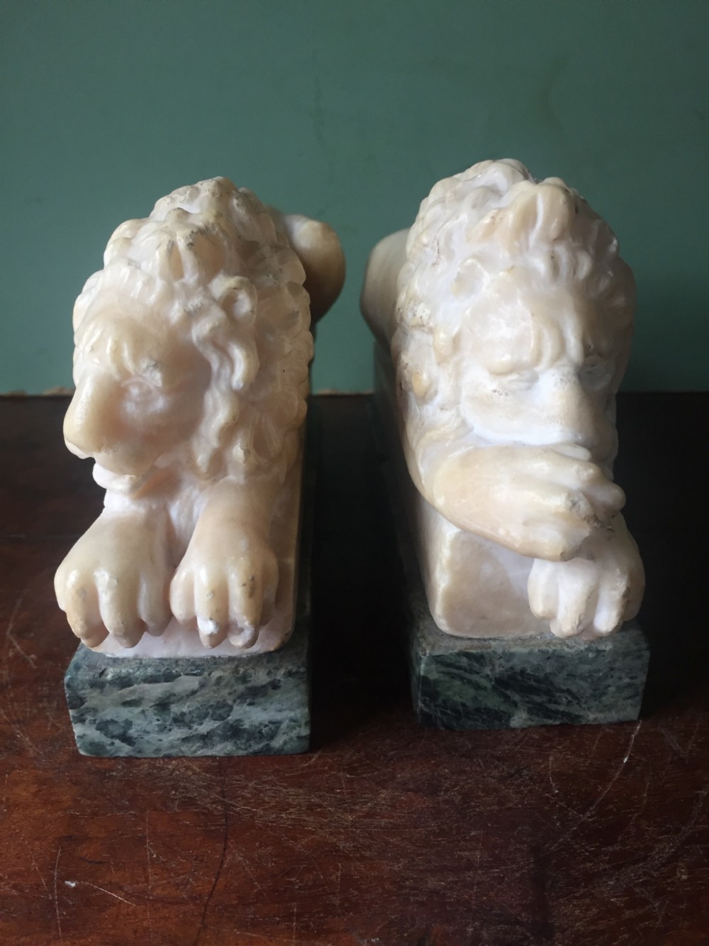 Pair of C19th Italian carved alabaster 'Grand Tour' souvenir lions after Antonio Canova . View III
