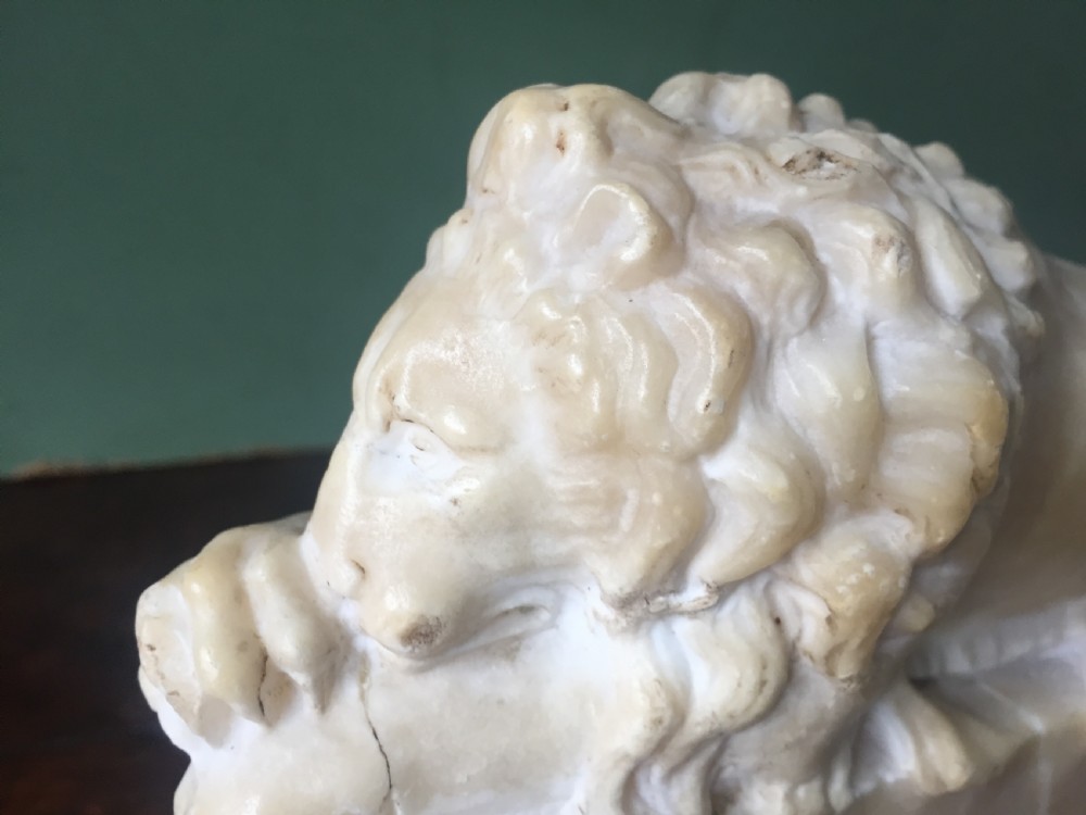 Pair of C19th Italian carved alabaster 'Grand Tour' souvenir lions after Antonio Canova . View VI