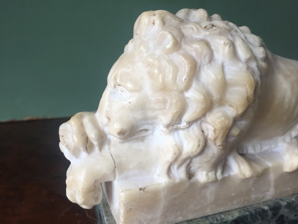 Pair of C19th Italian carved alabaster 'Grand Tour' souvenir lions after Antonio Canova . View VII