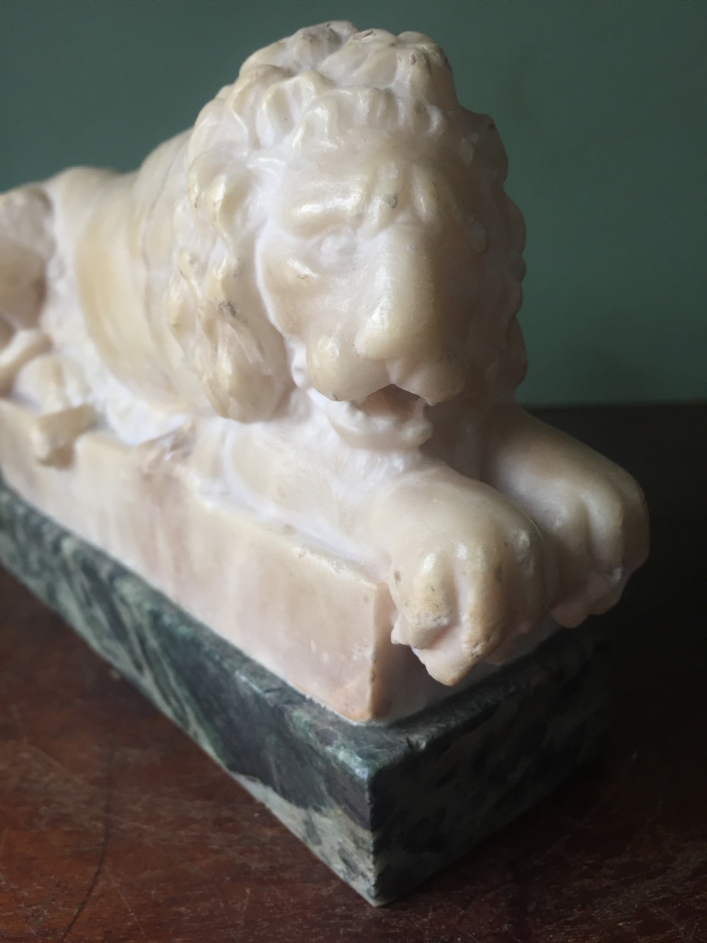 Pair of C19th Italian carved alabaster 'Grand Tour' souvenir lions after Antonio Canova . View XII