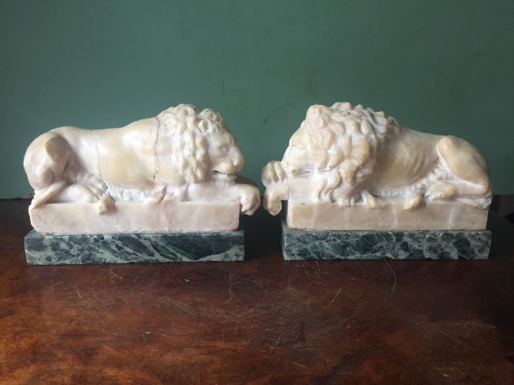 Pair of C19th Italian carved alabaster 'Grand Tour' souvenir lions after Antonio Canova . View XIII