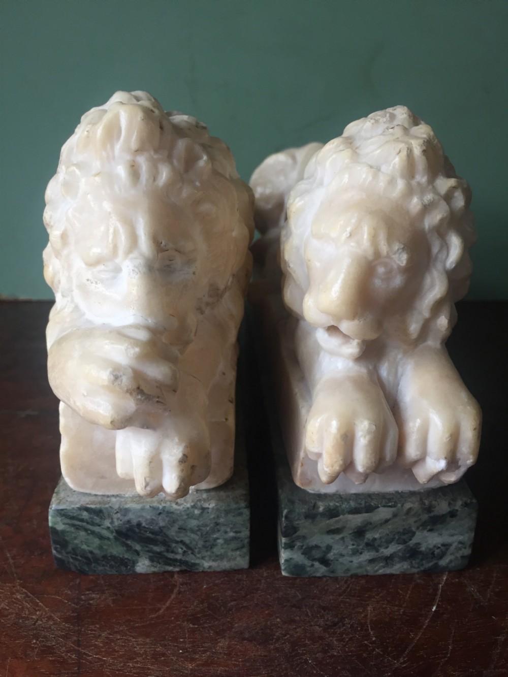 Pair of C19th Italian carved alabaster 'Grand Tour' souvenir lions after Antonio Canova . View XV