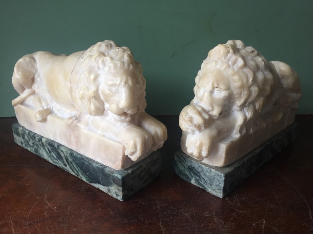 Pair of C19th Italian carved alabaster 'Grand Tour' souvenir lions after Antonio Canova . View XVII